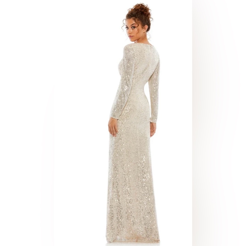 Sequined Long Sleeve V-Neck Evening Dress - Champagne - Picture 4 of 13